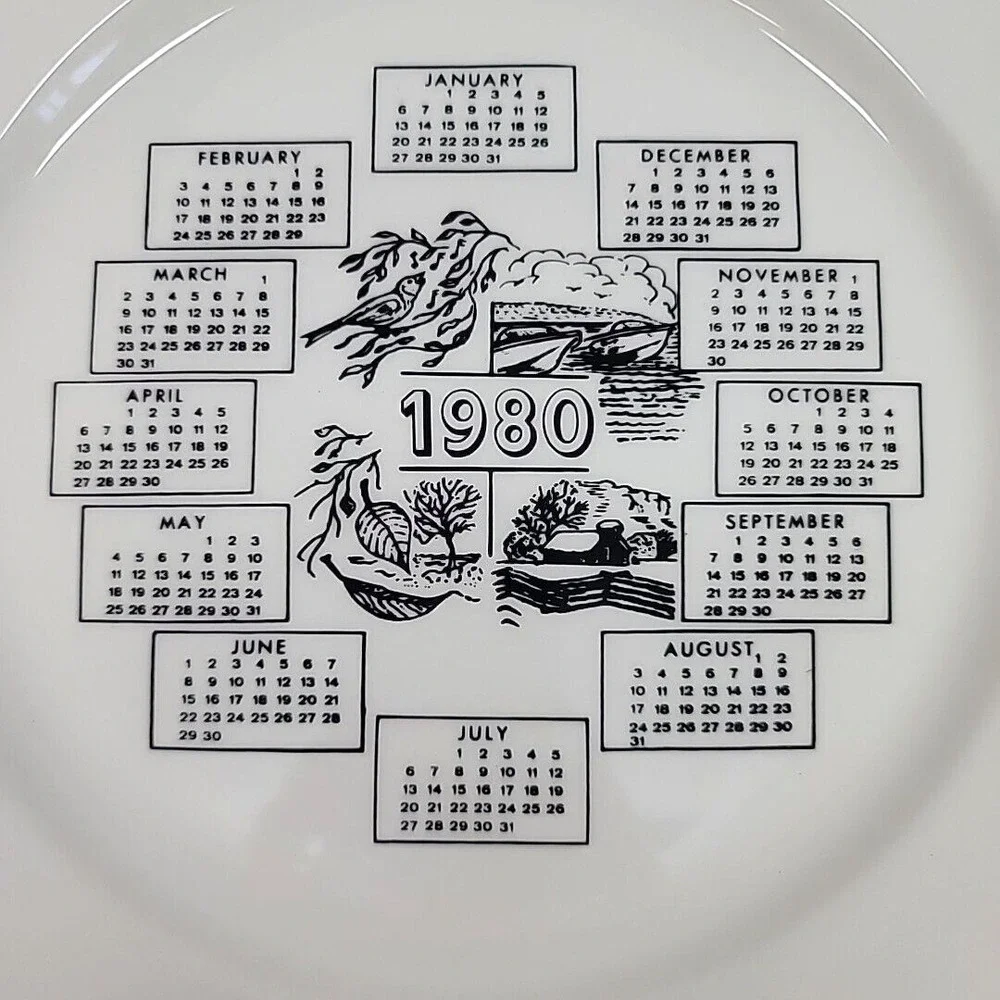 1980 Four Seasons Calendar Collectible White Plate with Black Print 10.25